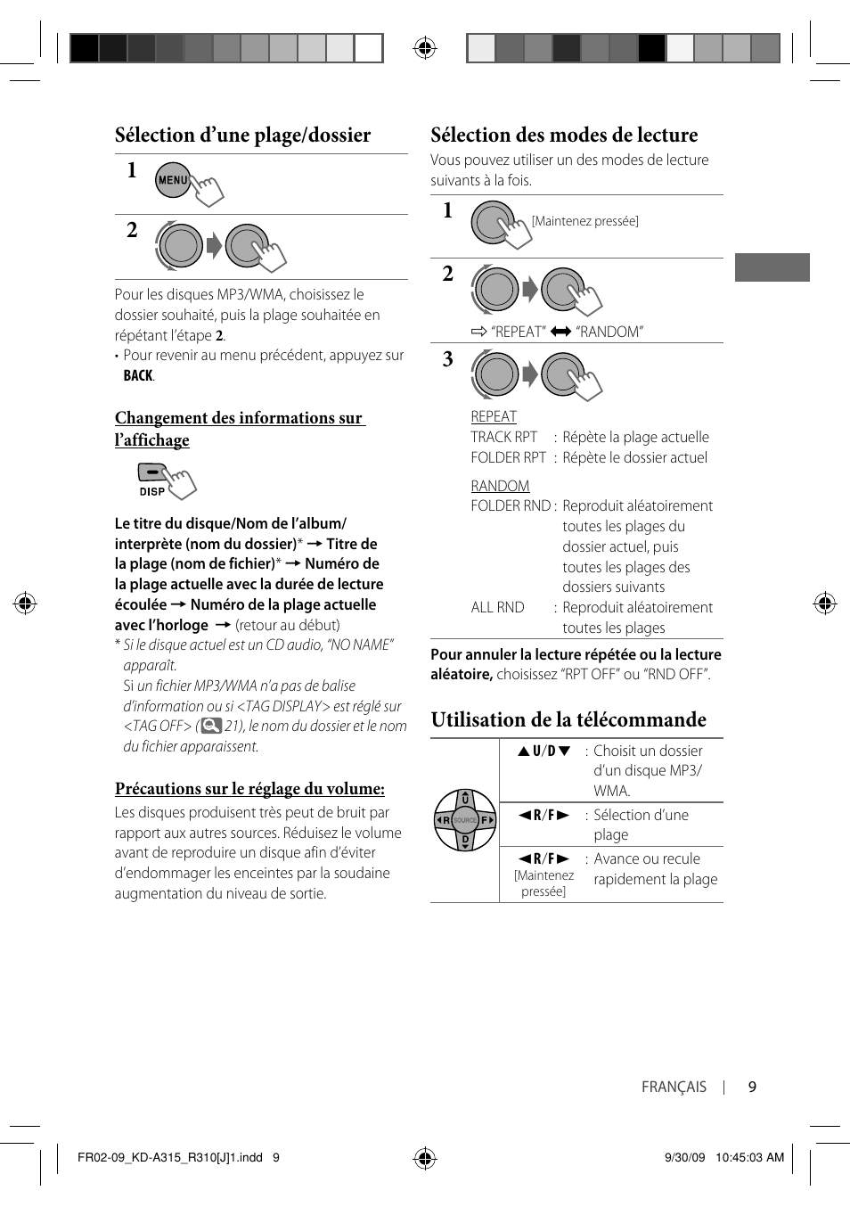Sélection d’une plage/dossier, Sélection des modes de lecture, Utilisation de la télécommande | JVC GET0626-001B User Manual | Page 77 / 107