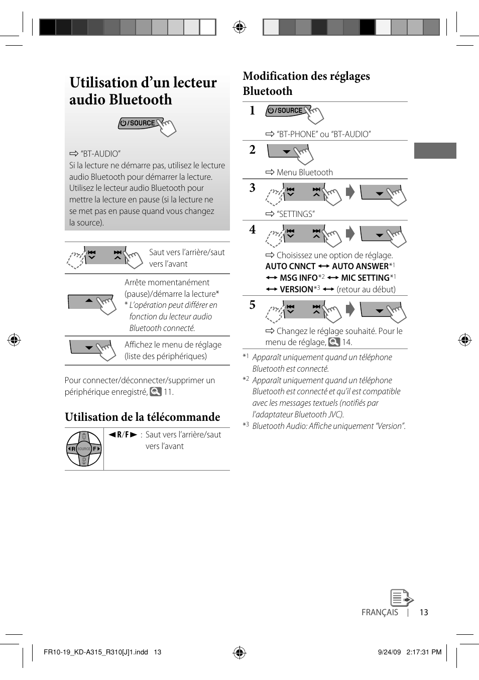 Utilisation d’un lecteur audio bluetooth, Utilisation de la télécommande, Modification des réglages bluetooth | JVC GET0626-001B User Manual | Page 81 / 107