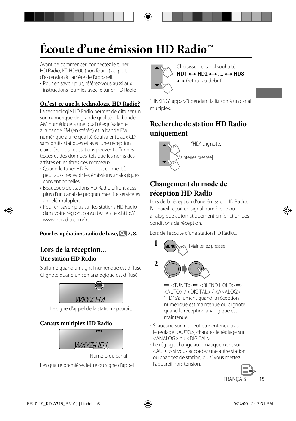 Écoute d’une émission hd radio, Lors de la réception, Recherche de station hd radio uniquement | Changement du mode de réception hd radio | JVC GET0626-001B User Manual | Page 83 / 107