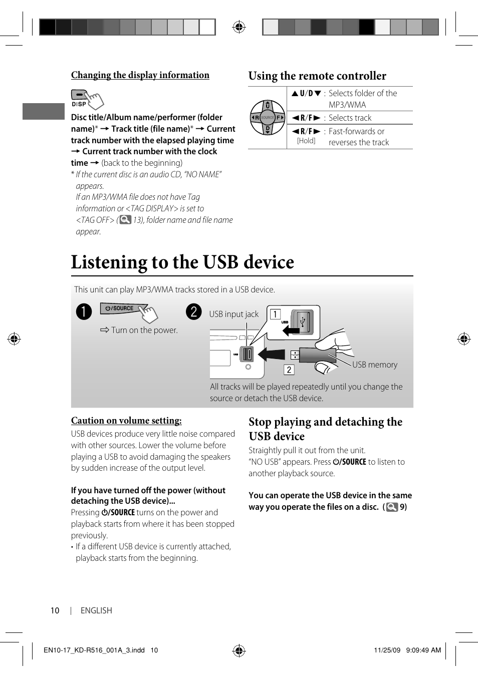 Listening to the usb device, Using the remote controller, Stop playing and detaching the usb device | JVC GET0635-003A User Manual | Page 16 / 92