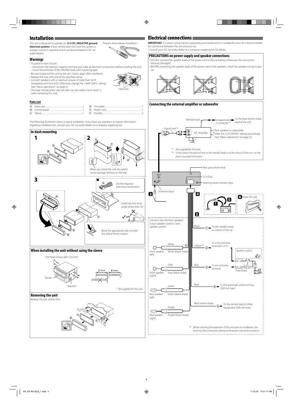 Installation, Electrical connections, Warnings | Connecting the external amplifier or subwoofer, Parts list | JVC GET0635-003A User Manual | Page 4 / 92