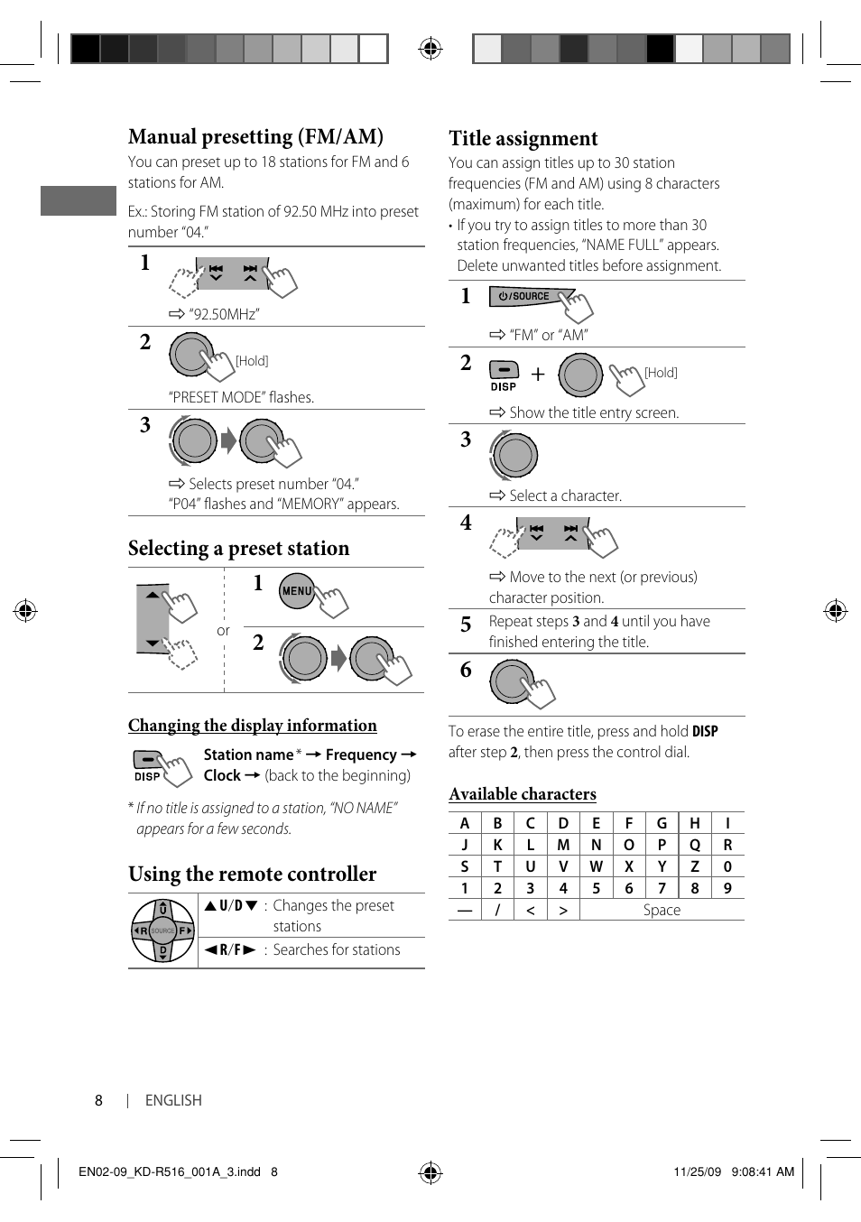 Manual presetting (fm/am), Selecting a preset station, Using the remote controller | Title assignment | JVC GET0635-003A User Manual | Page 42 / 92