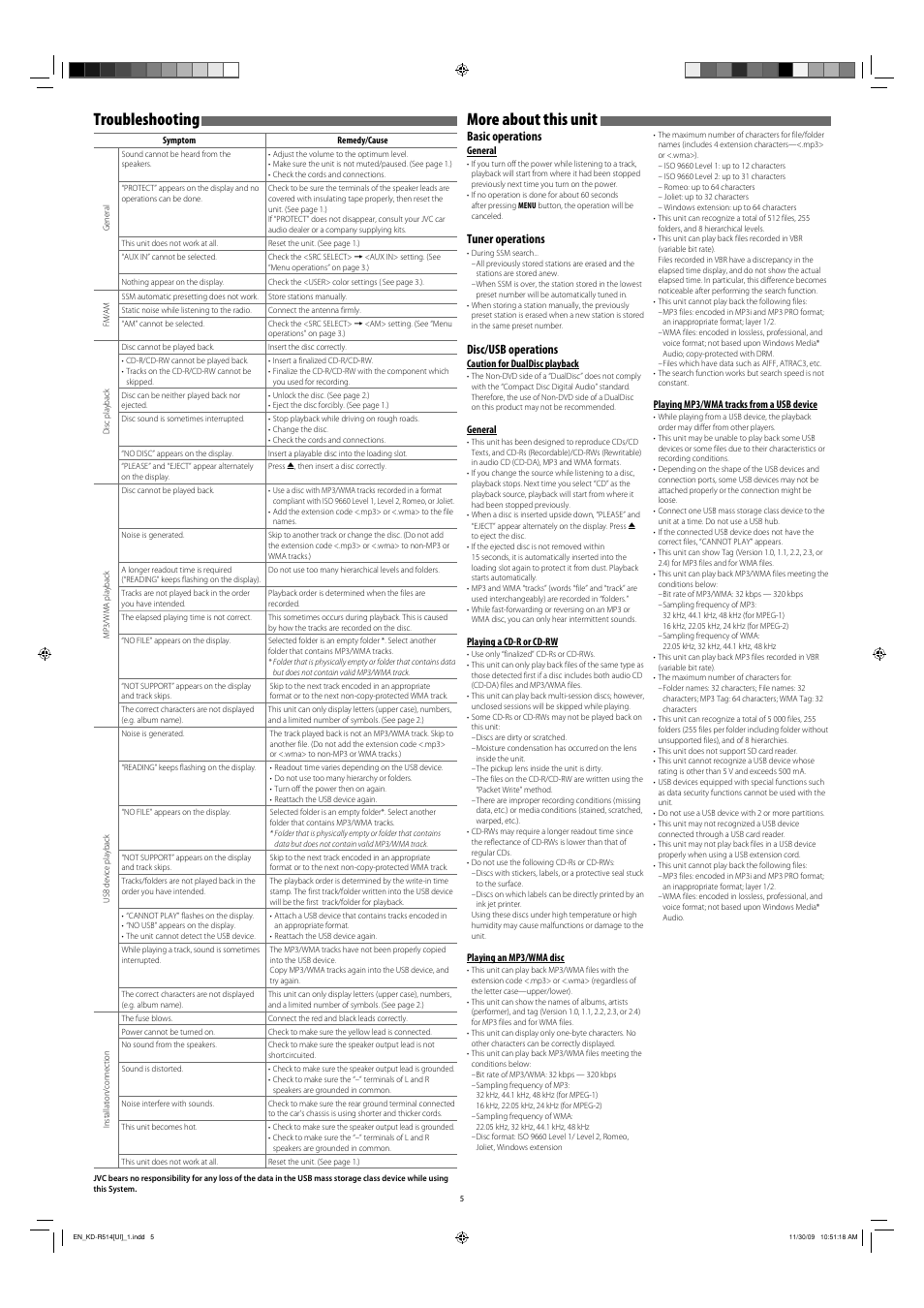 Troubleshooting, More about this unit, Basic operations | Tuner operations, Disc/usb operations, Playing mp3/wma tracks from a usb device, General, Caution for dualdisc playback, Playing a cd-r or cd-rw, Playing an mp3/wma disc | JVC GET0635-003A User Manual | Page 5 / 92