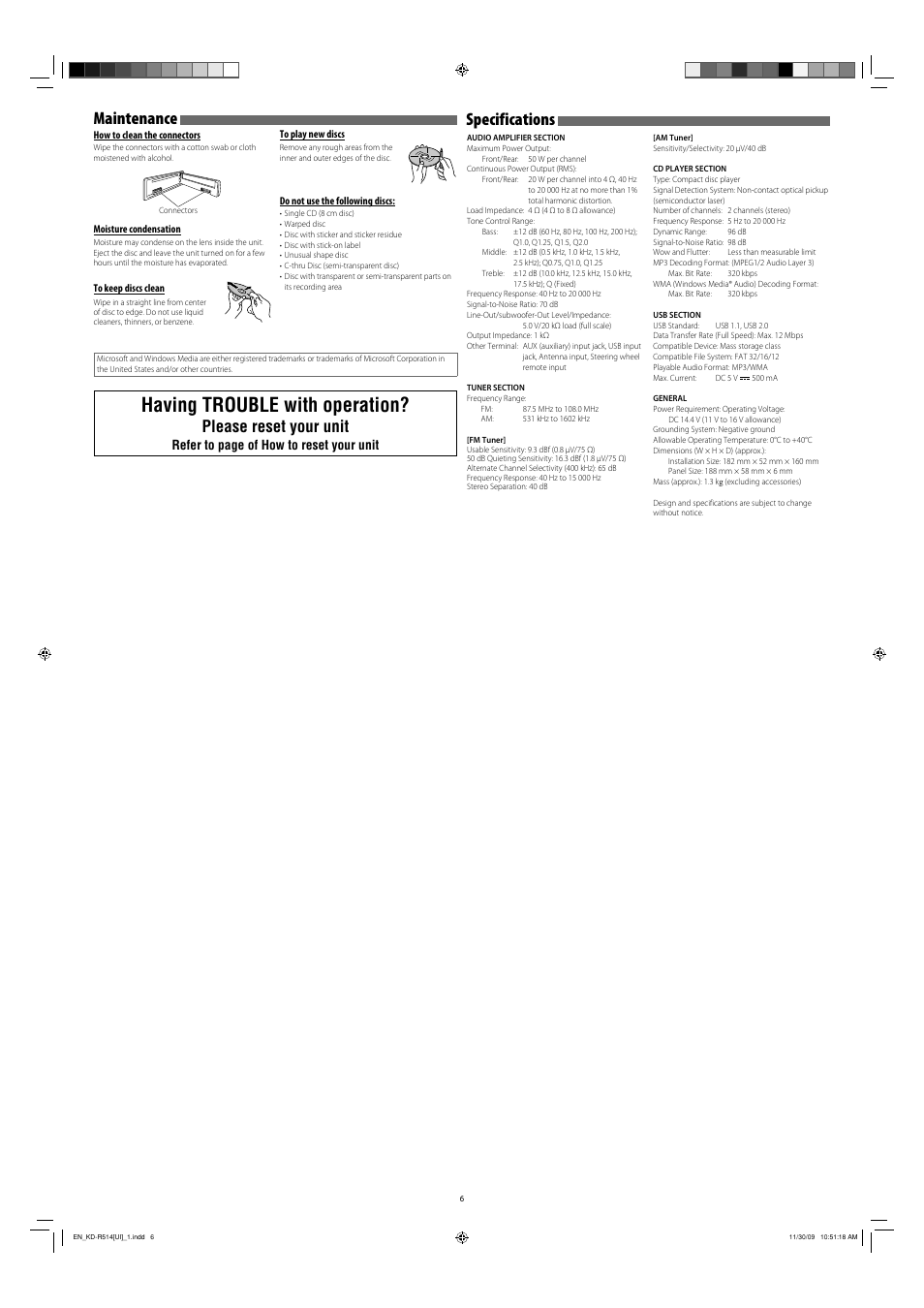 Maintenance, Specifications, Having trouble with operation | Please reset your unit, Refer to page of how to reset your unit | JVC GET0635-003A User Manual | Page 6 / 92