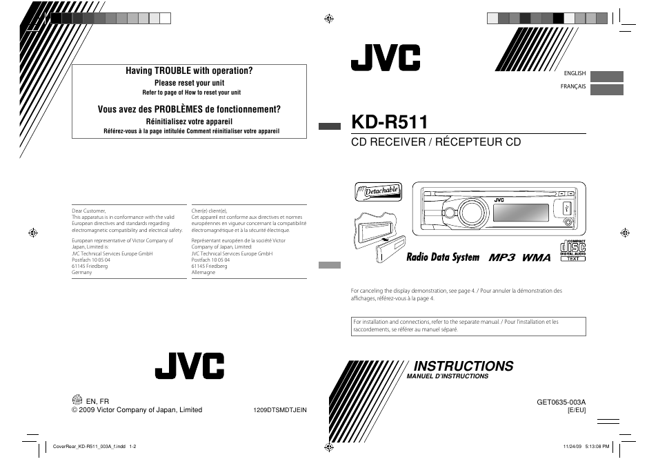 Kd-r511, Instructions, Cd receiver / récepteur cd | Having trouble with operation, Vous avez des problèmes de fonctionnement | JVC GET0635-003A User Manual | Page 63 / 92