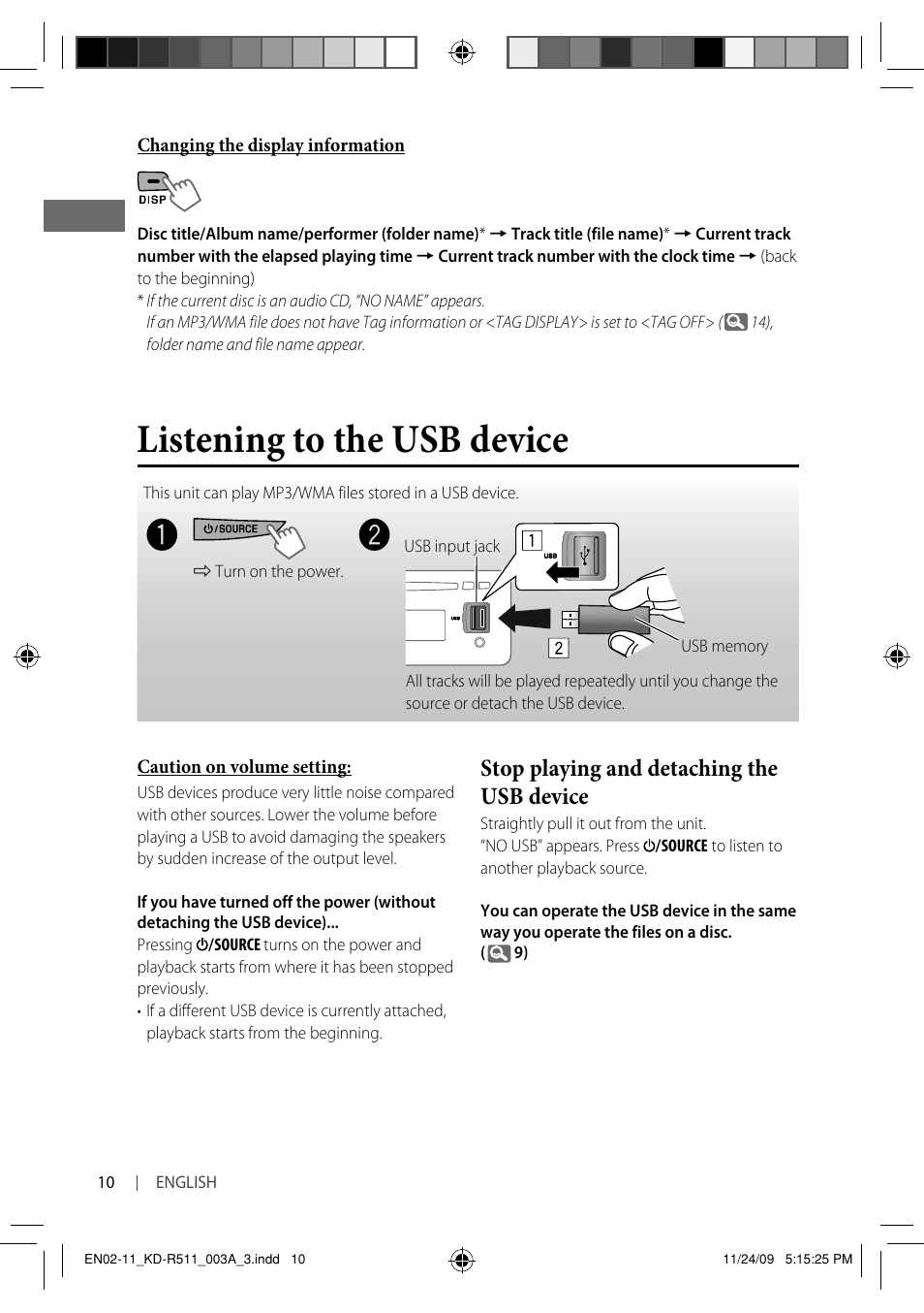 Listening to the usb device, Stop playing and detaching the usb device | JVC GET0635-003A User Manual | Page 72 / 92