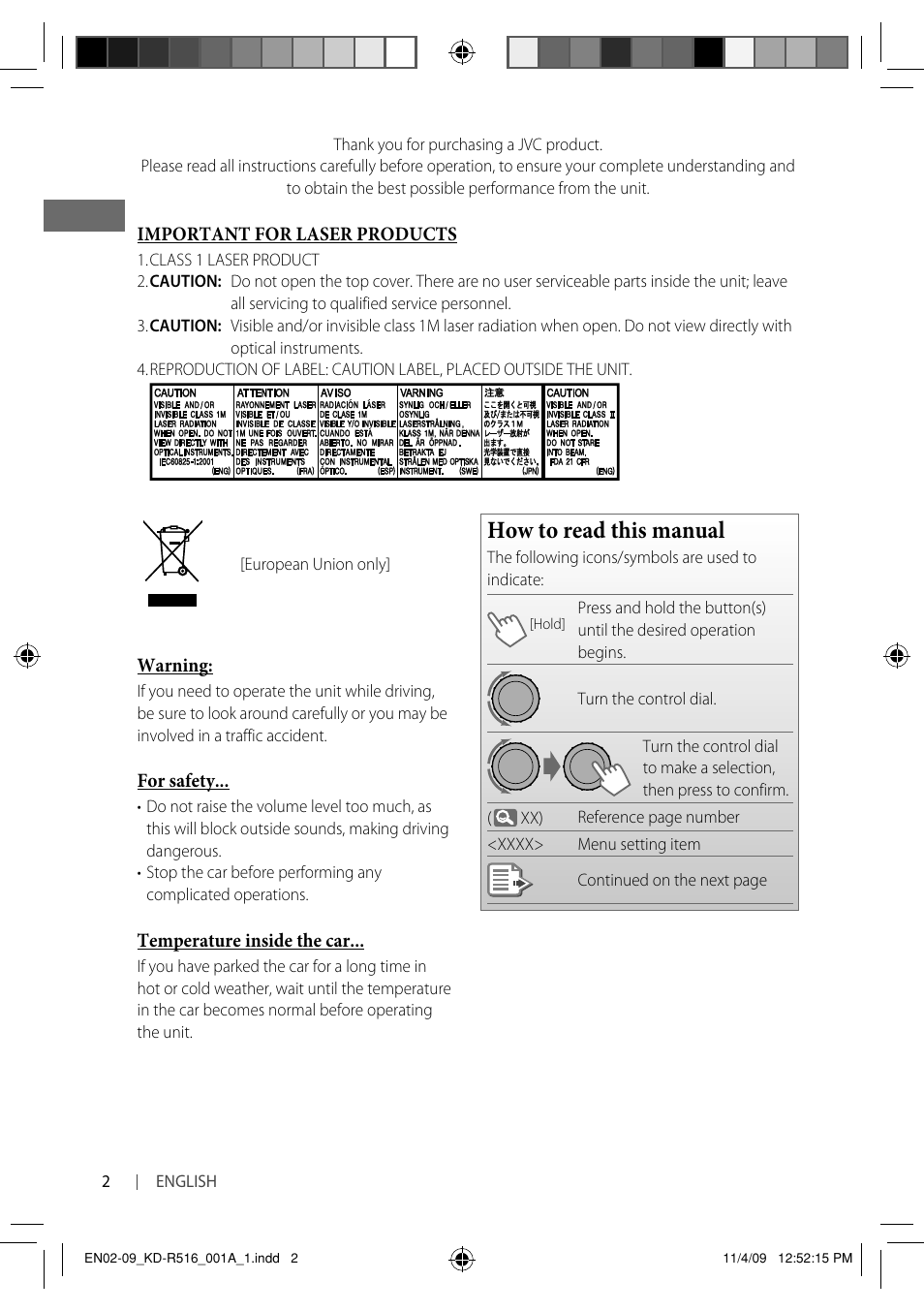 Important for laser products, How to read this manual | JVC GET0635-003A User Manual | Page 8 / 92