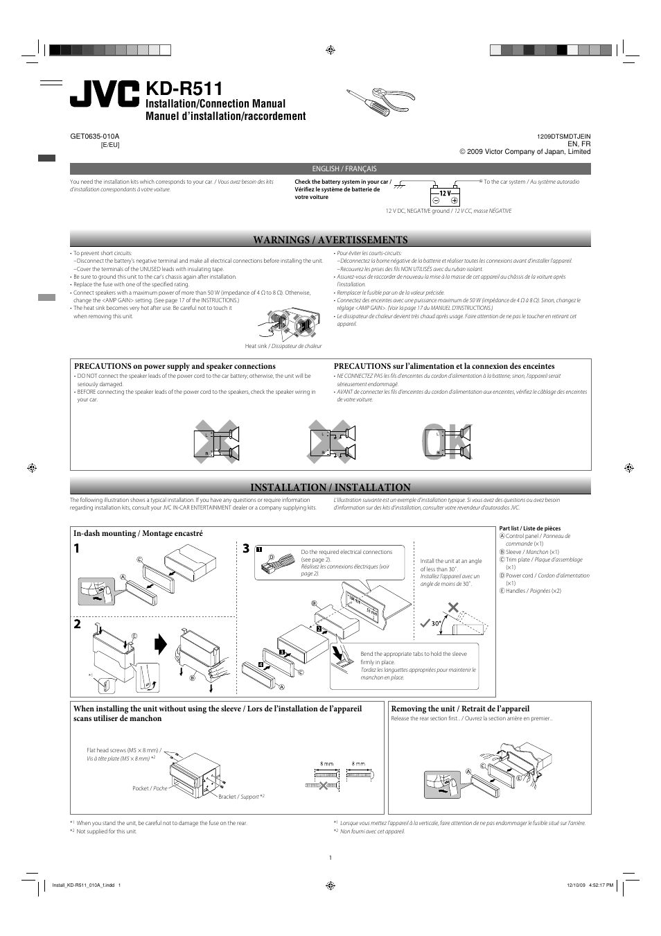 Installation/connection manual, Warnings, Installation | Kd-r511, Installation / installation, Warnings / avertissements, Removing the unit / retrait de l’appareil | JVC GET0635-003A User Manual | Page 91 / 92