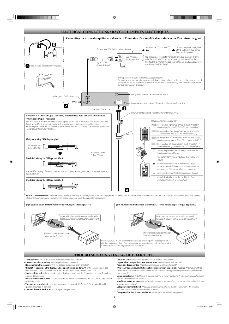 Electrical connections, Troubleshooting, Electrical connections / raccordements electriques | Troubleshooting / en cas de difficultes | JVC GET0635-003A User Manual | Page 92 / 92