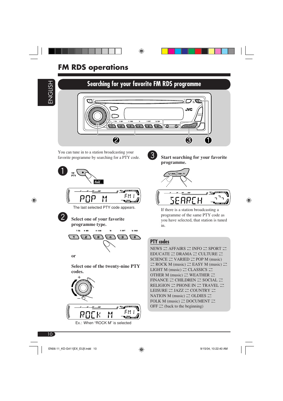 Fm rds operations, Searching for your favorite fm rds programme | JVC KD-G411 User Manual | Page 10 / 86