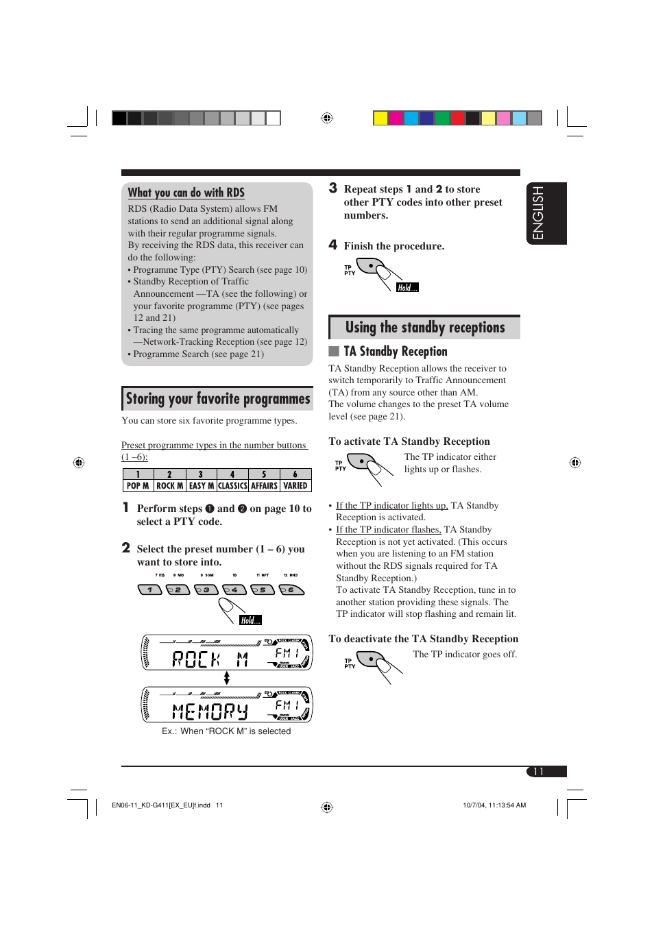 Storing your favorite programmes, Using the standby receptions, English | Ta standby reception | JVC KD-G411 User Manual | Page 11 / 86