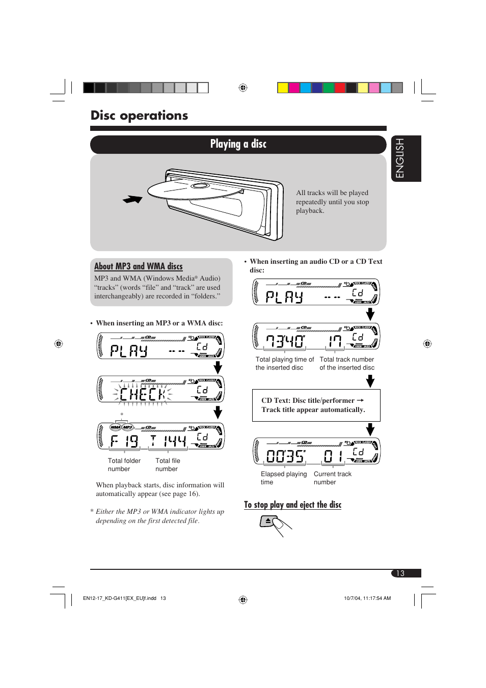 Disc operations, Playing a disc, English | JVC KD-G411 User Manual | Page 13 / 86