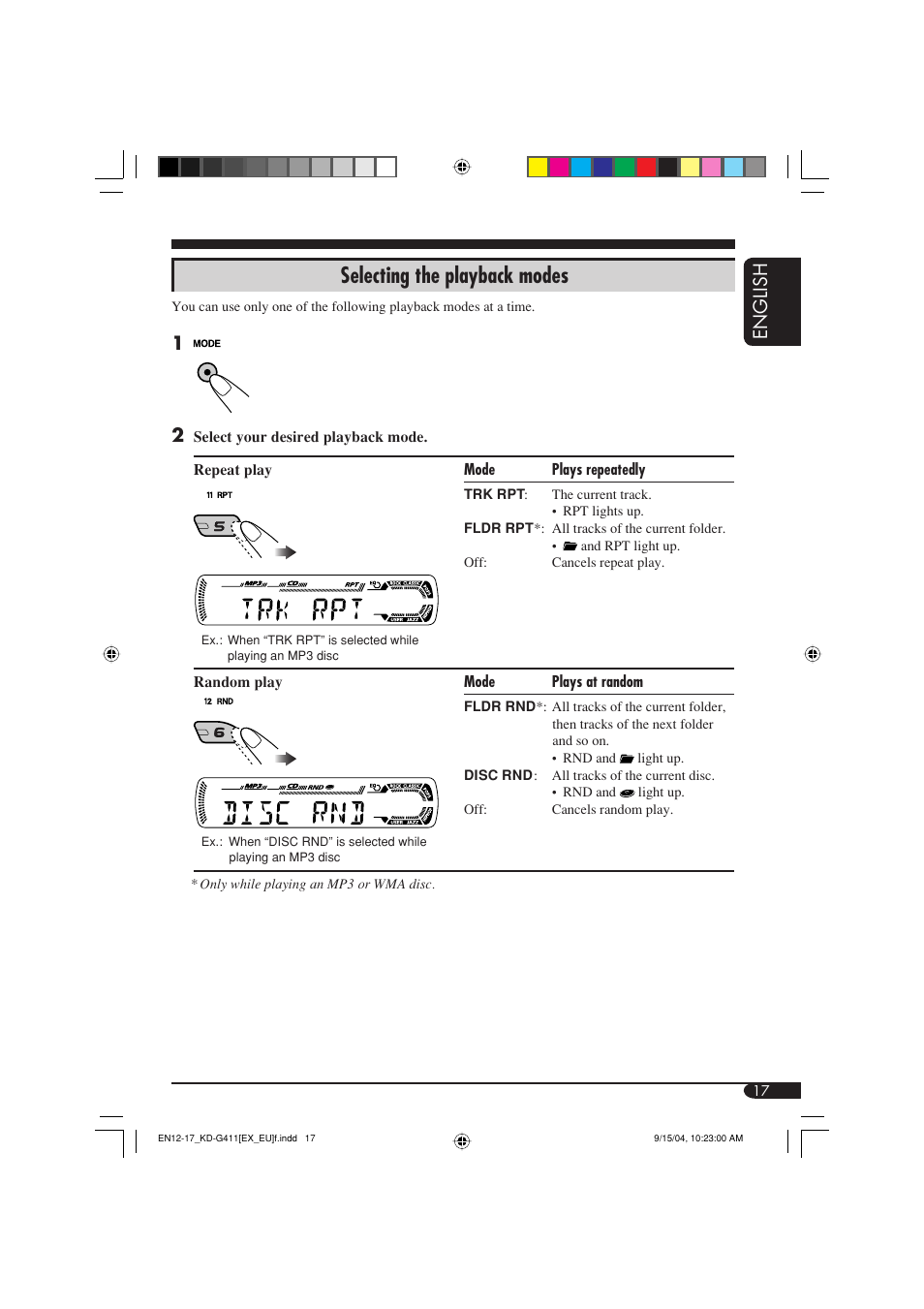 Selecting the playback modes, English | JVC KD-G411 User Manual | Page 17 / 86