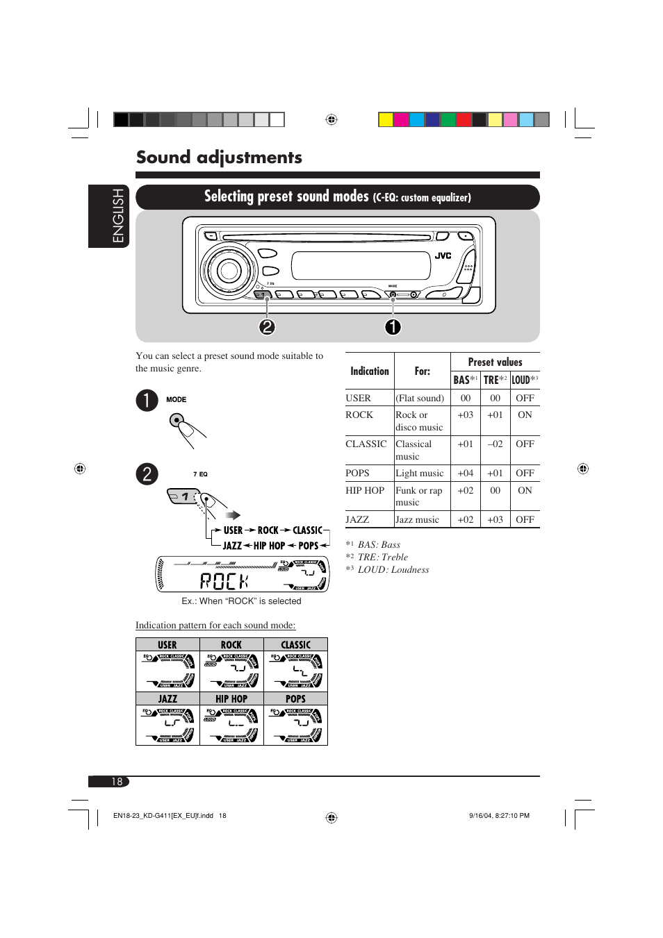 Sound adjustments, Selecting preset sound modes, English | JVC KD-G411 User Manual | Page 18 / 86