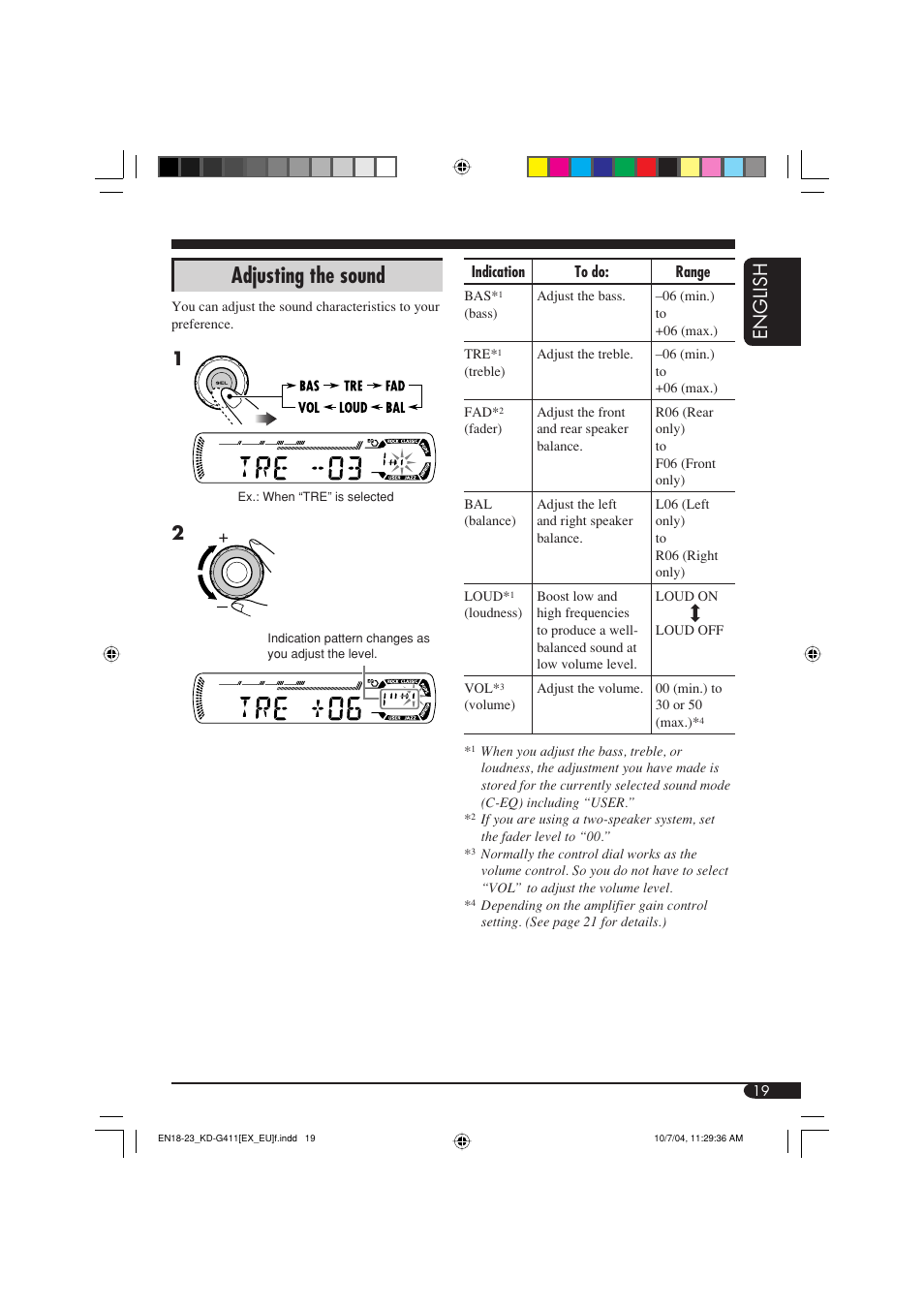Adjusting the sound, English | JVC KD-G411 User Manual | Page 19 / 86