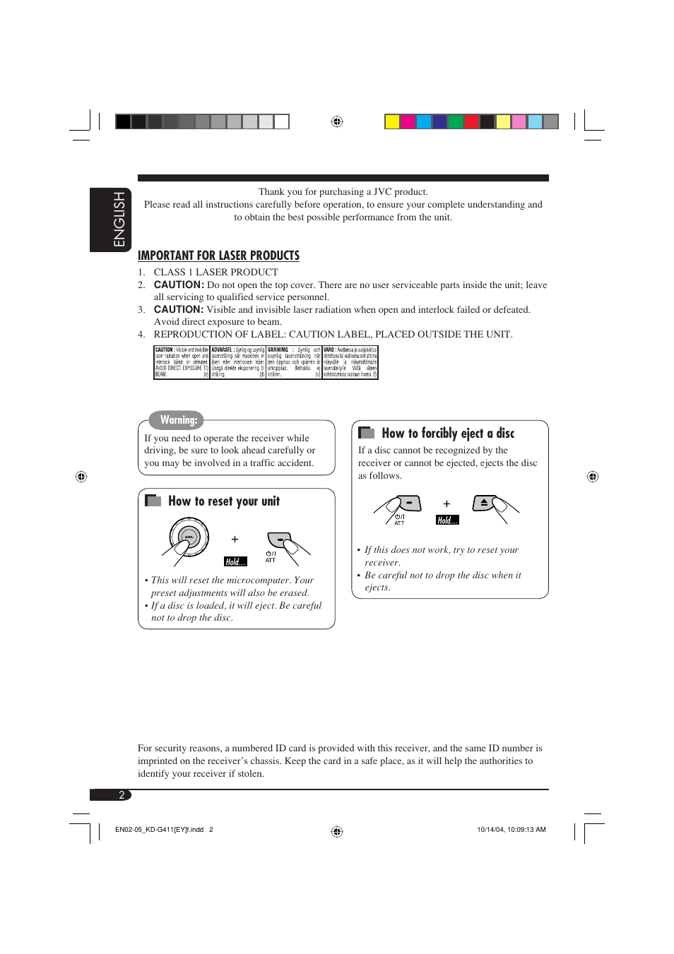 English, How to reset your unit, How to forcibly eject a disc | JVC KD-G411 User Manual | Page 2 / 86