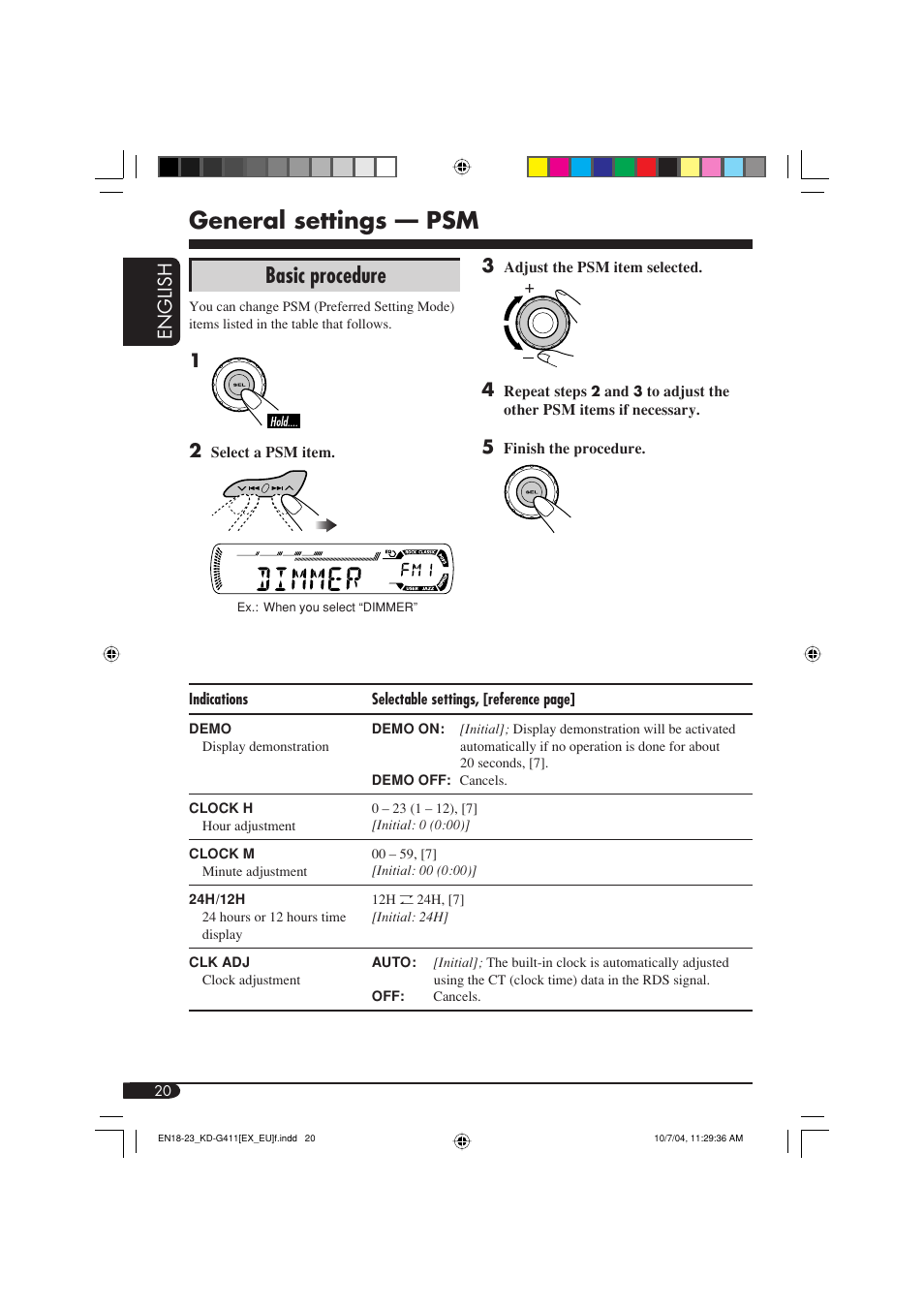 General settings — psm, Basic procedure, English | JVC KD-G411 User Manual | Page 20 / 86
