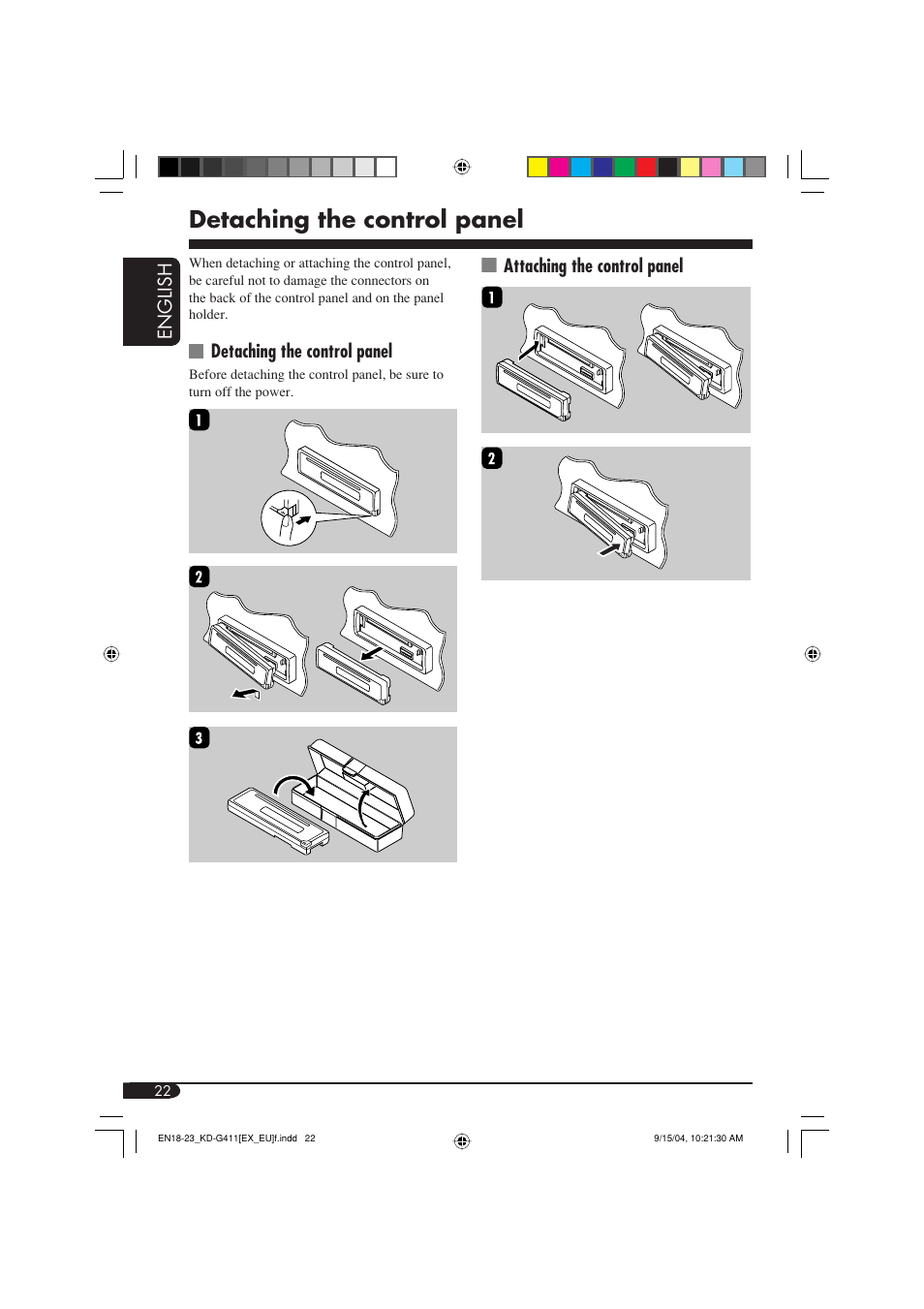 Detaching the control panel | JVC KD-G411 User Manual | Page 22 / 86