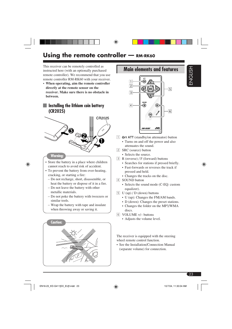 Using the remote controller, Main elements and features, English | Installing the lithium coin battery (cr2025) | JVC KD-G411 User Manual | Page 23 / 86