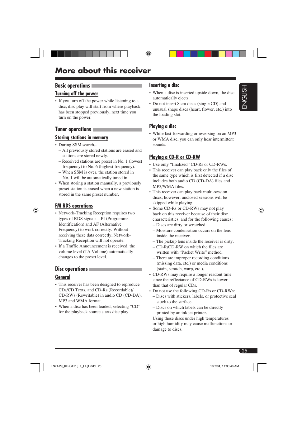 More about this receiver, English, Basic operations | Tuner operations, Disc operations | JVC KD-G411 User Manual | Page 25 / 86