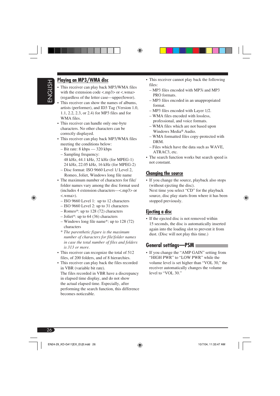 English, General settings—psm | JVC KD-G411 User Manual | Page 26 / 86