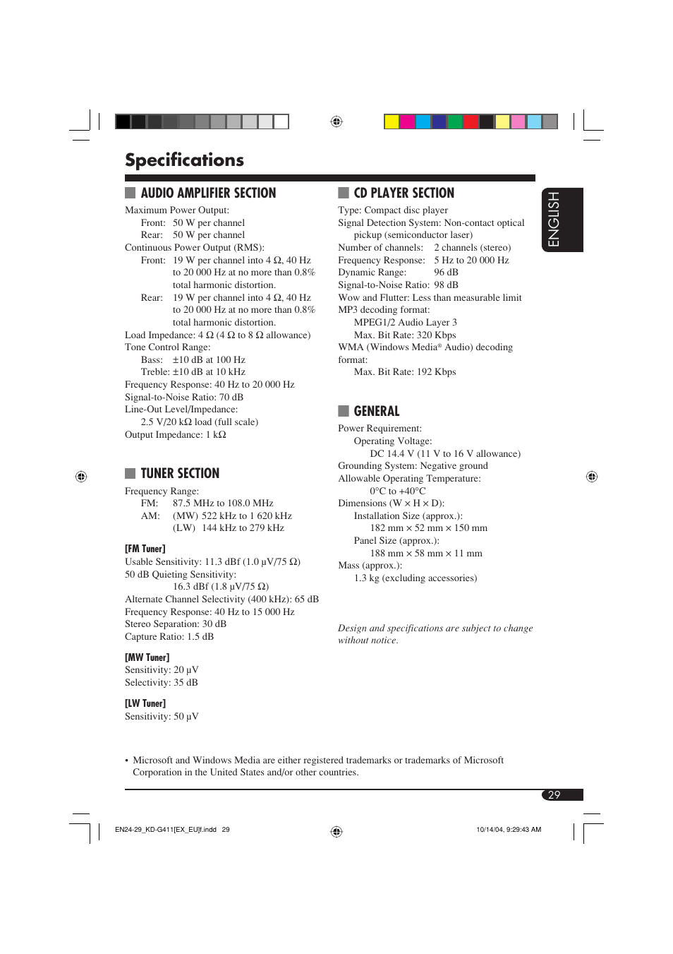 Specifications, English, General | JVC KD-G411 User Manual | Page 29 / 86