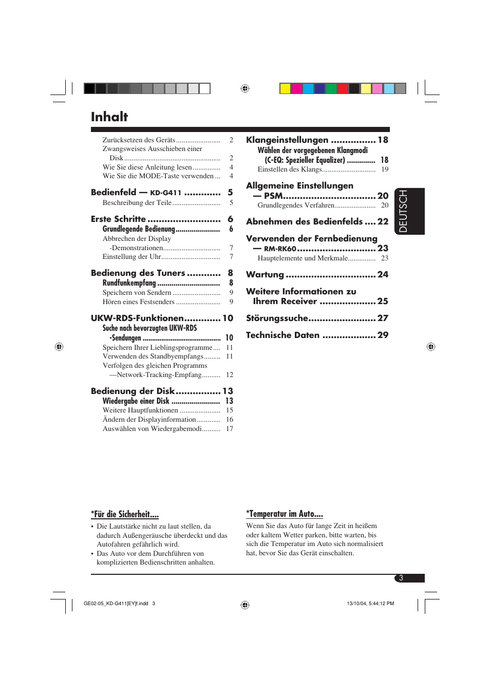 Inhalt, Deutsch | JVC KD-G411 User Manual | Page 31 / 86