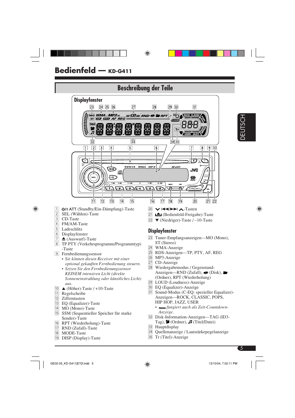 Bedienfeld, Beschreibung der teile, Deutsch | JVC KD-G411 User Manual | Page 33 / 86