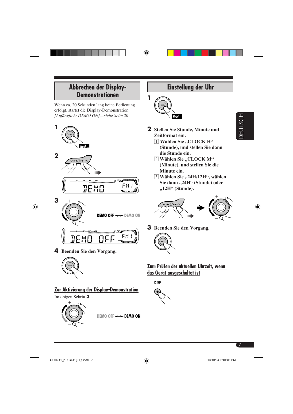 Abbrechen der display- demonstrationen, Einstellung der uhr | JVC KD-G411 User Manual | Page 35 / 86