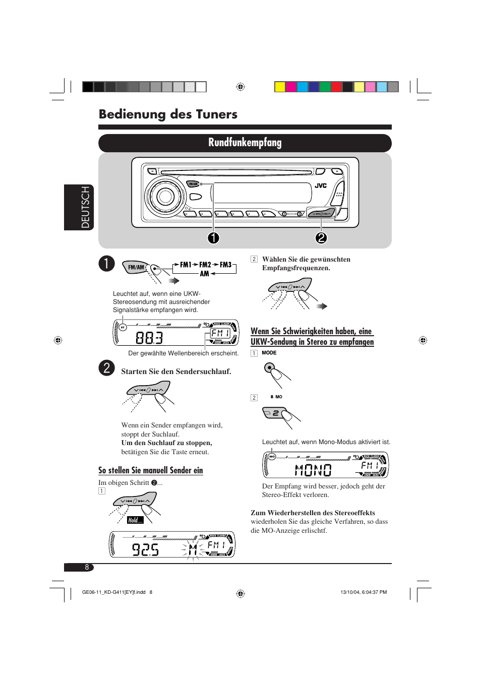 Bedienung des tuners, Rundfunkempfang | JVC KD-G411 User Manual | Page 36 / 86