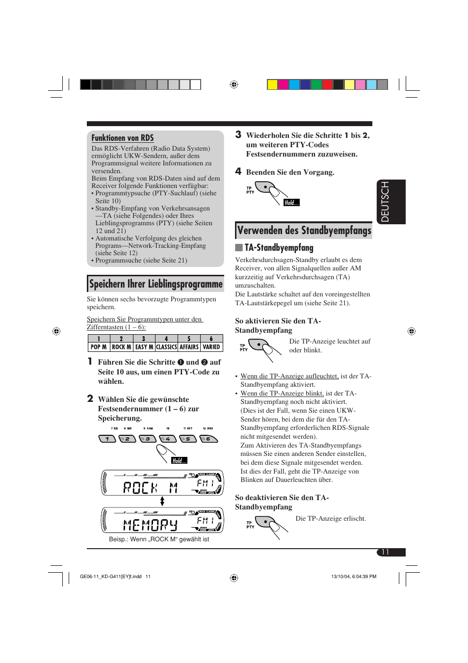 Speichern ihrer lieblingsprogramme, Verwenden des standbyempfangs, Deutsch | Ta-standbyempfang | JVC KD-G411 User Manual | Page 39 / 86