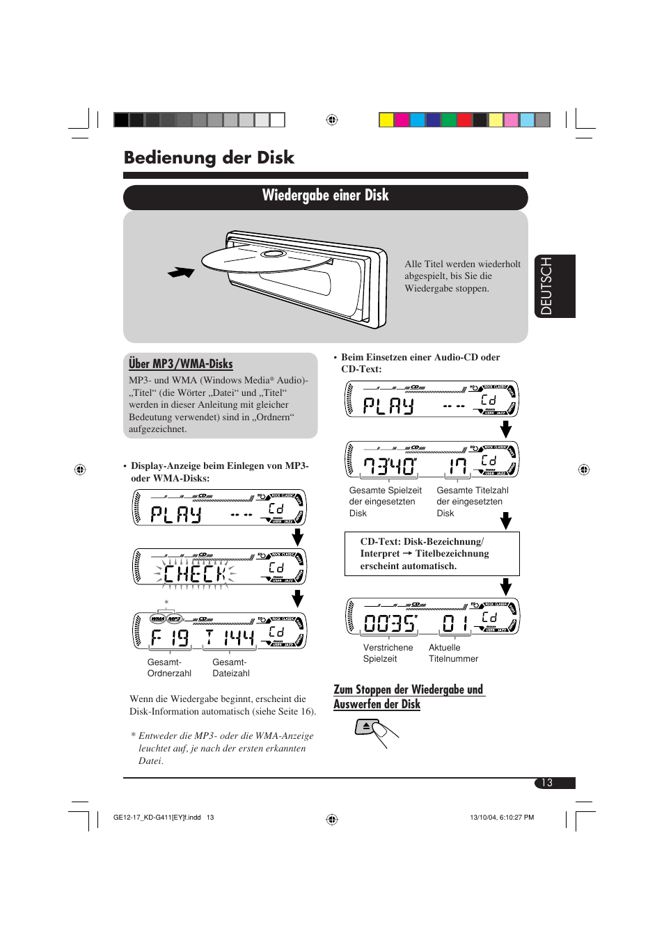 Bedienung der disk, Wiedergabe einer disk, Deutsch | JVC KD-G411 User Manual | Page 41 / 86