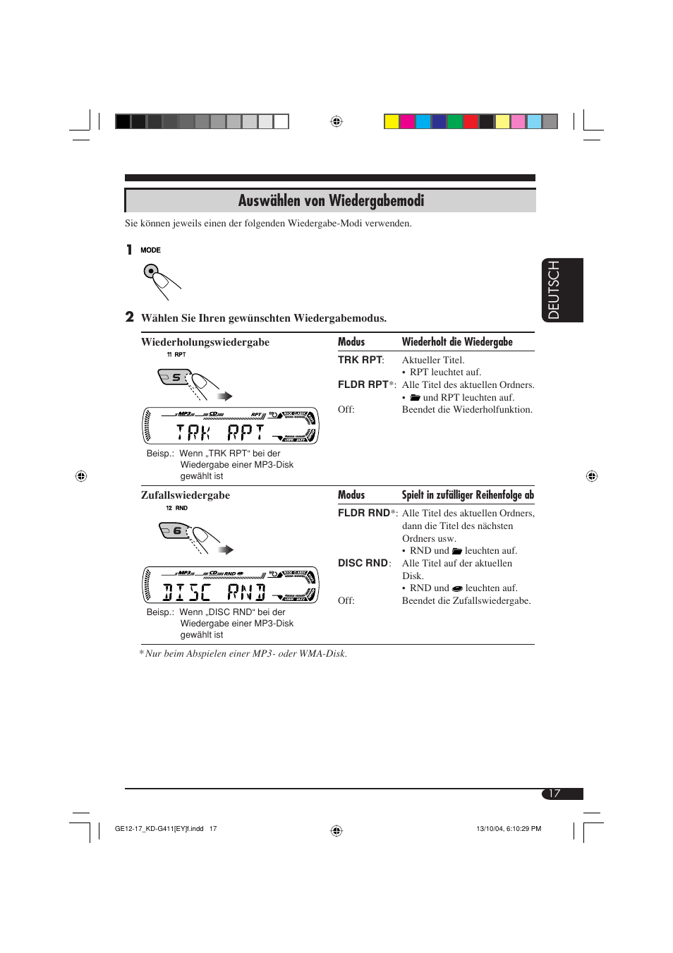 Auswählen von wiedergabemodi, Deutsch | JVC KD-G411 User Manual | Page 45 / 86