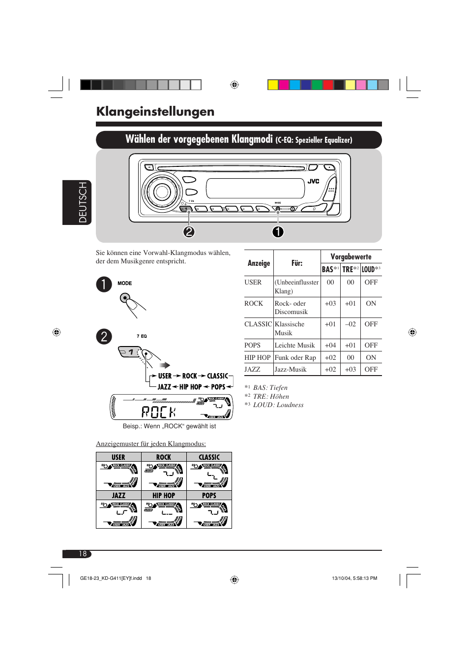 Klangeinstellungen, Wählen der vorgegebenen klangmodi, Deutsch | JVC KD-G411 User Manual | Page 46 / 86