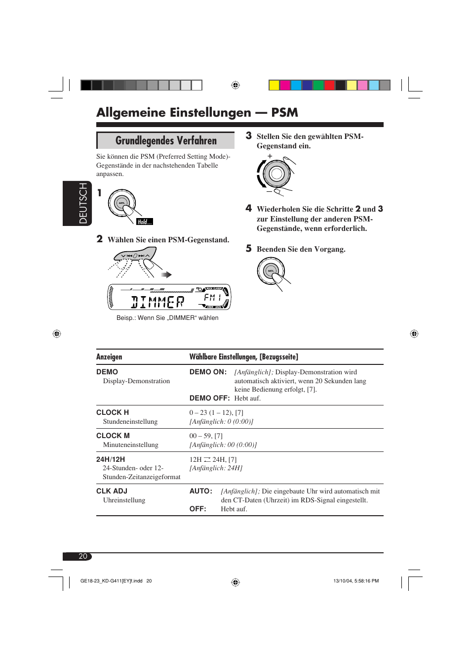 Allgemeine einstellungen — psm, Grundlegendes verfahren, Deutsch | JVC KD-G411 User Manual | Page 48 / 86