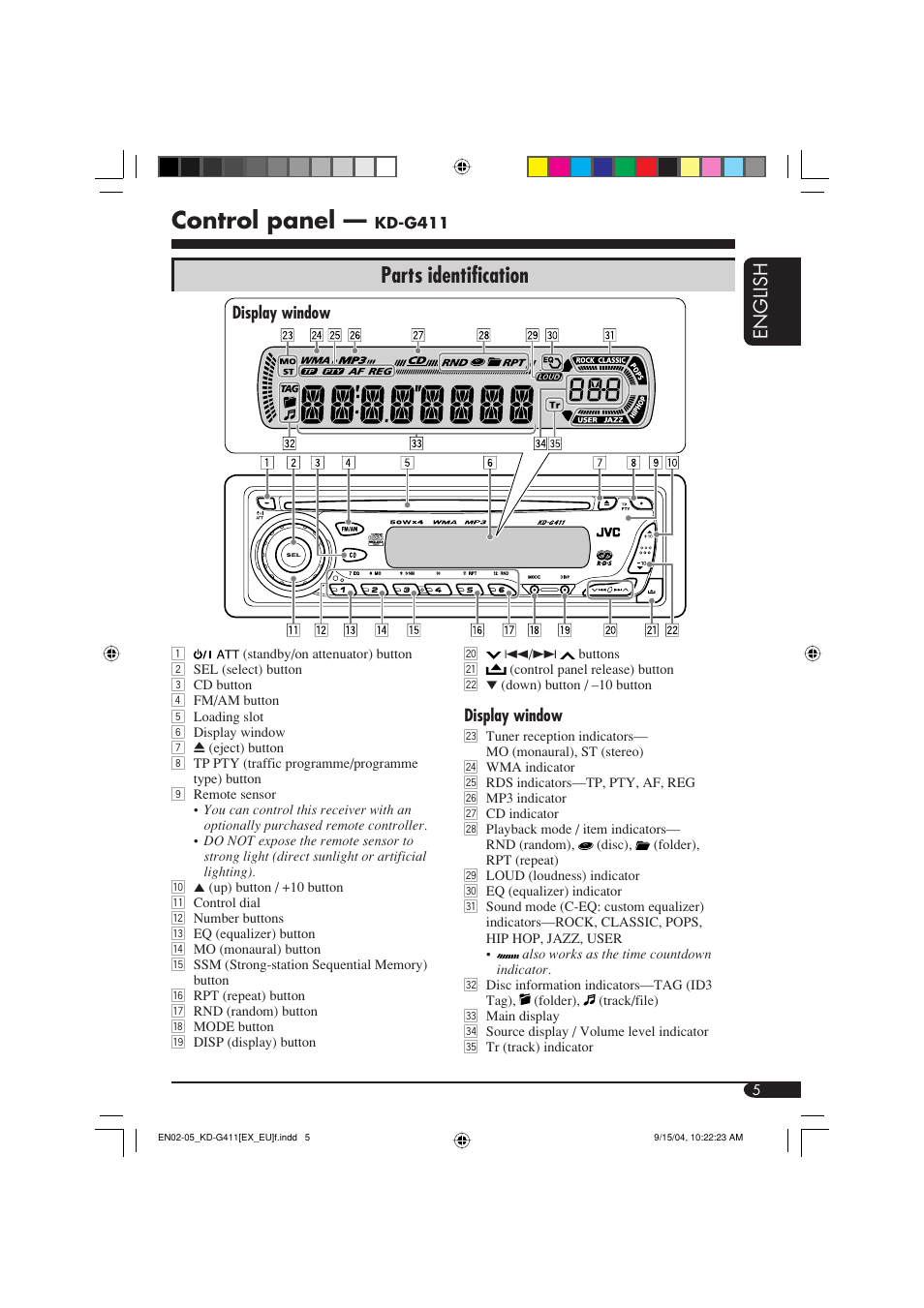 Control panel, Parts identification, English | JVC KD-G411 User Manual | Page 5 / 86