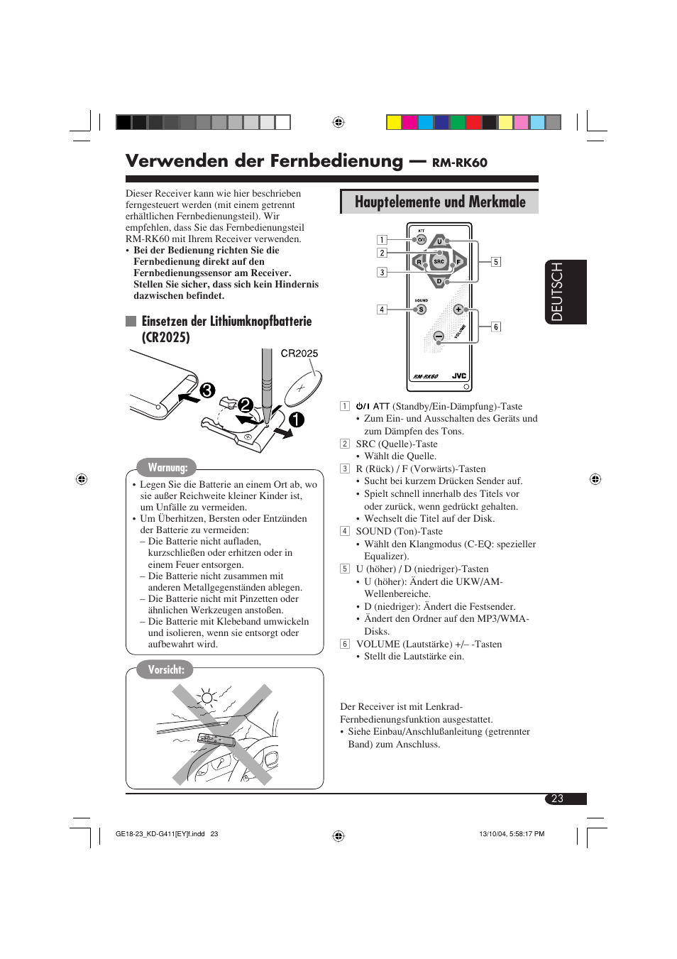 Verwenden der fernbedienung, Hauptelemente und merkmale, Deutsch | Einsetzen der lithiumknopfbatterie (cr2025) | JVC KD-G411 User Manual | Page 51 / 86