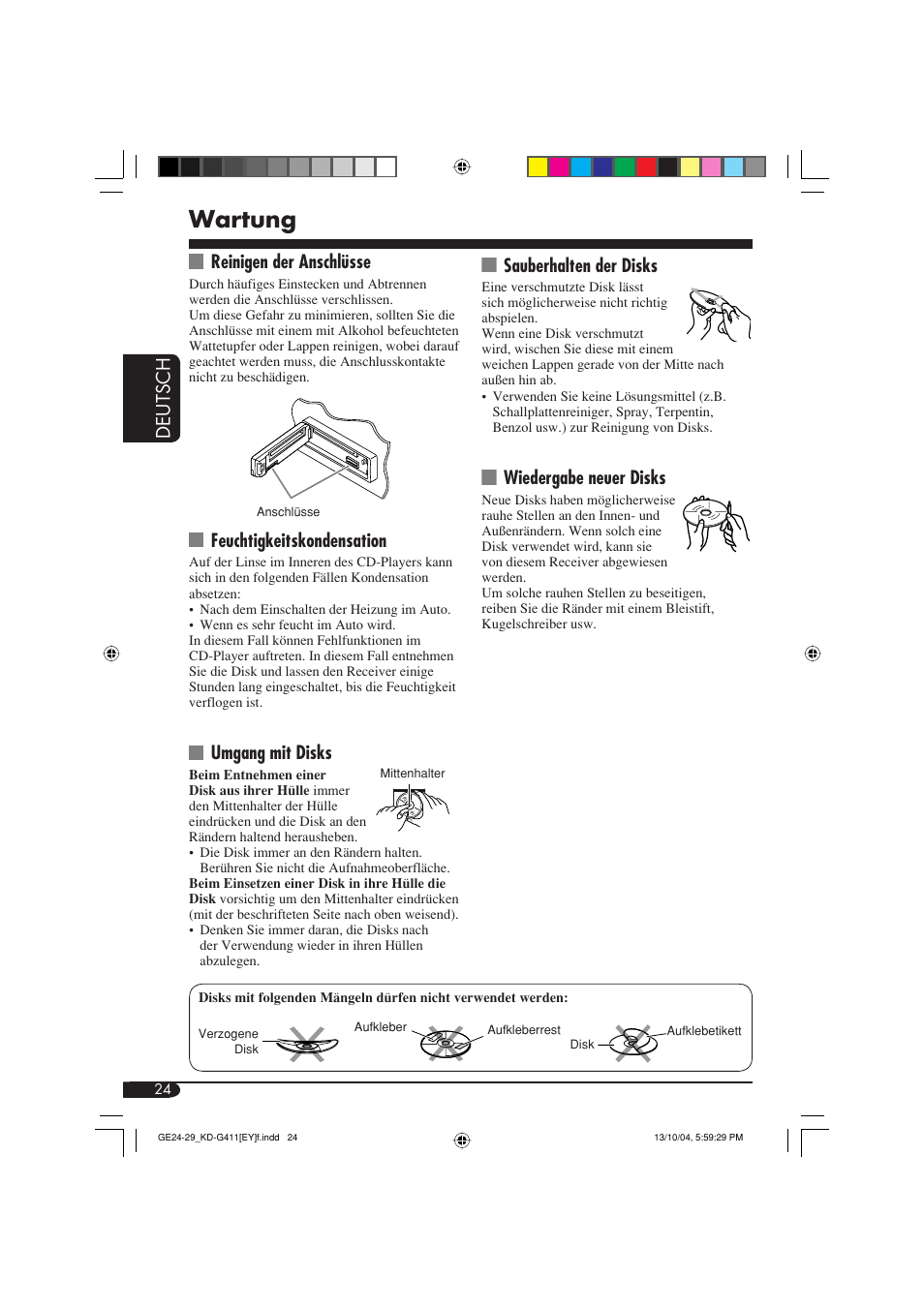 Wartung, Deutsch, Reinigen der anschlüsse | Feuchtigkeitskondensation, Umgang mit disks, Sauberhalten der disks, Wiedergabe neuer disks | JVC KD-G411 User Manual | Page 52 / 86