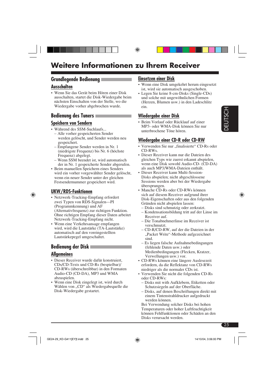 Weitere informationen zu ihrem receiver, Deutsch, Grundlegende bedienung | Bedienung des tuners, Bedienung der disk | JVC KD-G411 User Manual | Page 53 / 86