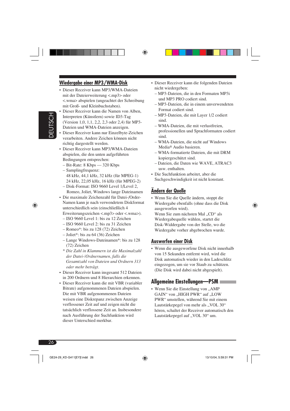 Deutsch, Allgemeine einstellungen—psm | JVC KD-G411 User Manual | Page 54 / 86