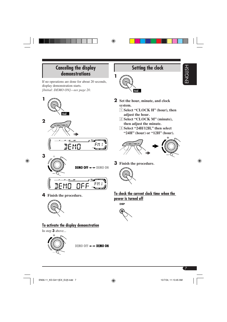 Canceling the display demonstrations, Setting the clock | JVC KD-G411 User Manual | Page 7 / 86