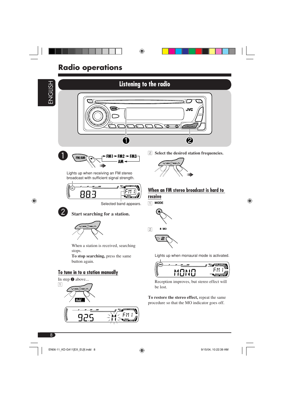 Radio operations, Listening to the radio | JVC KD-G411 User Manual | Page 8 / 86