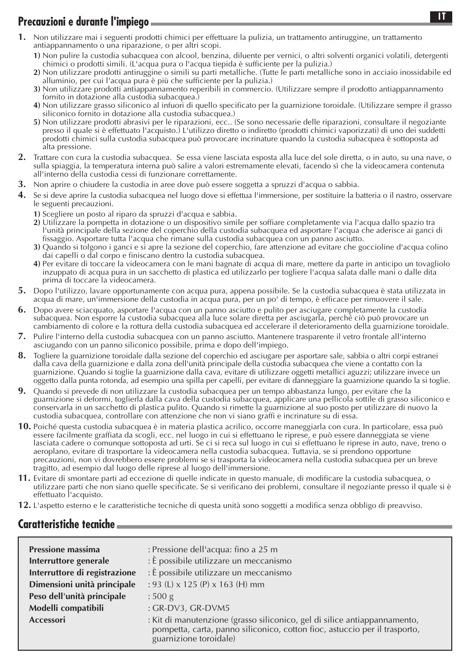 Precauzioni e durante l'impiego, Caratteristiche tecniche | JVC GR-DV3 User Manual | Page 10 / 12