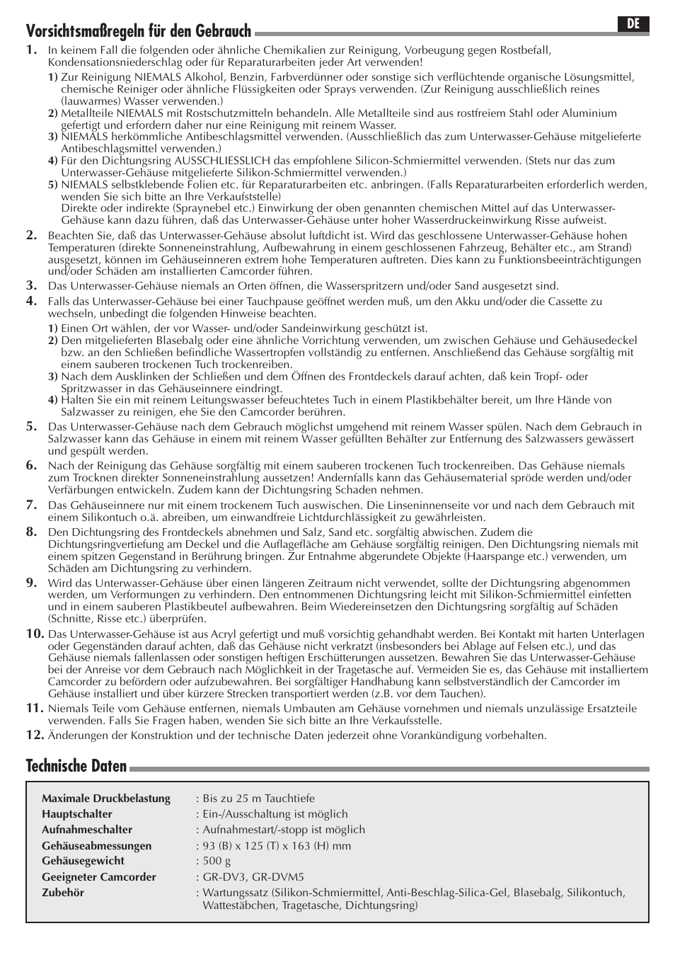 Vorsichtsmaßregeln für den gebrauch, Technische daten | JVC GR-DV3 User Manual | Page 4 / 12