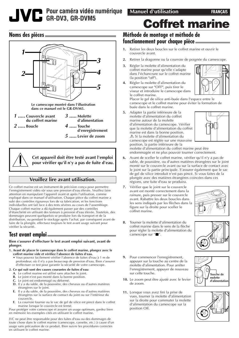 Coffret marine, Wr-dv35u, Pour caméra vidéo numérique gr-dv3, gr-dvm5 | Noms des pièces, Test avant emploi, Manuel d'utilisation | JVC GR-DV3 User Manual | Page 5 / 12