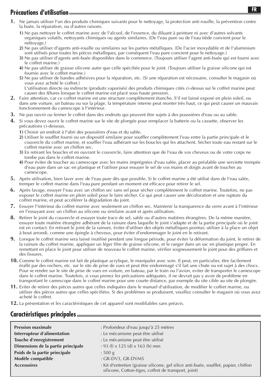 Précautions d'utilisation, Caractéristiques principales | JVC GR-DV3 User Manual | Page 6 / 12