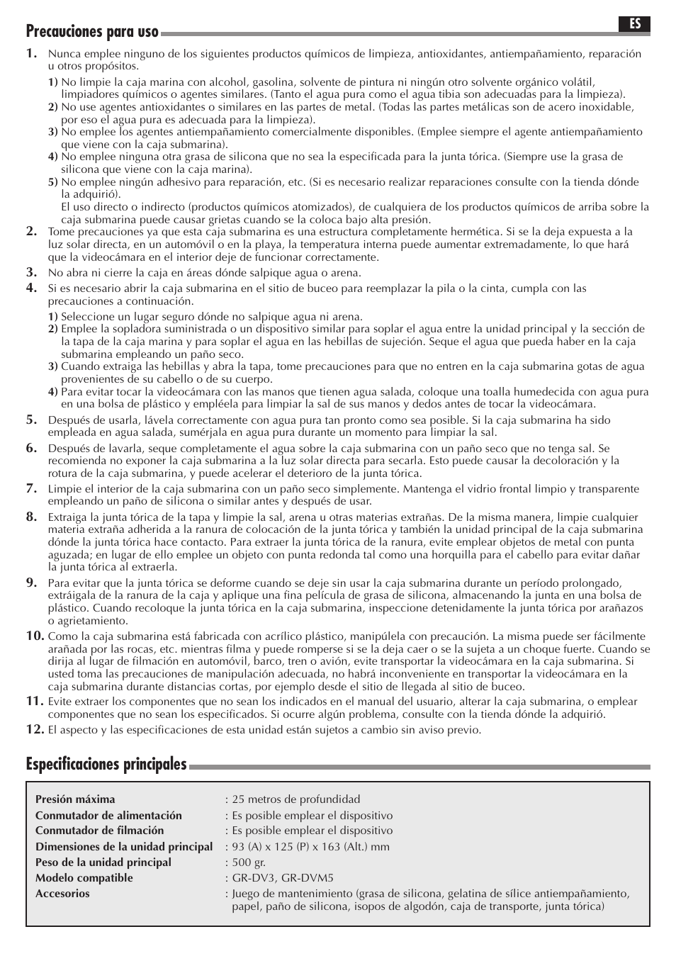 Precauciones para uso, Especificaciones principales | JVC GR-DV3 User Manual | Page 8 / 12