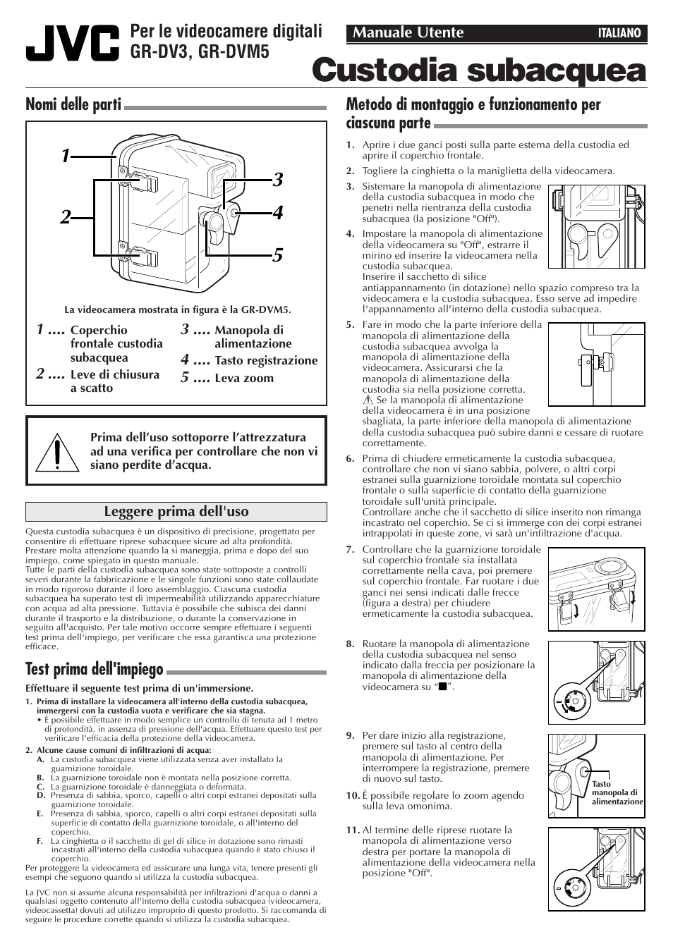 Custodia subacquea, Wr-dv35u, Per le videocamere digitali gr-dv3, gr-dvm5 | Nomi delle parti, Test prima dell'impiego, Manuale utente | JVC GR-DV3 User Manual | Page 9 / 12