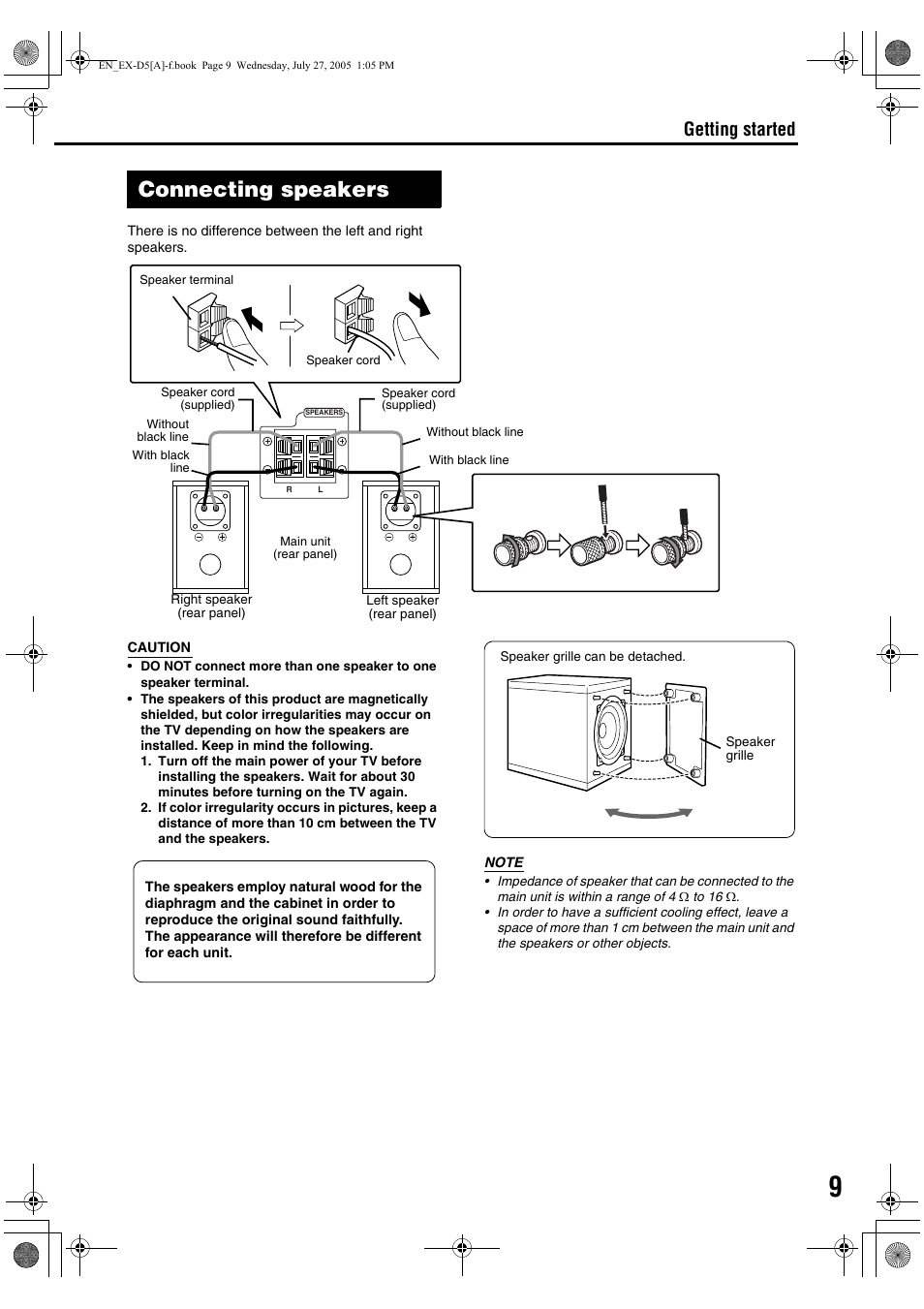 Connecting speakers, Connecting up connection, Getting started | JVC CA-EXD5 User Manual | Page 11 / 92
