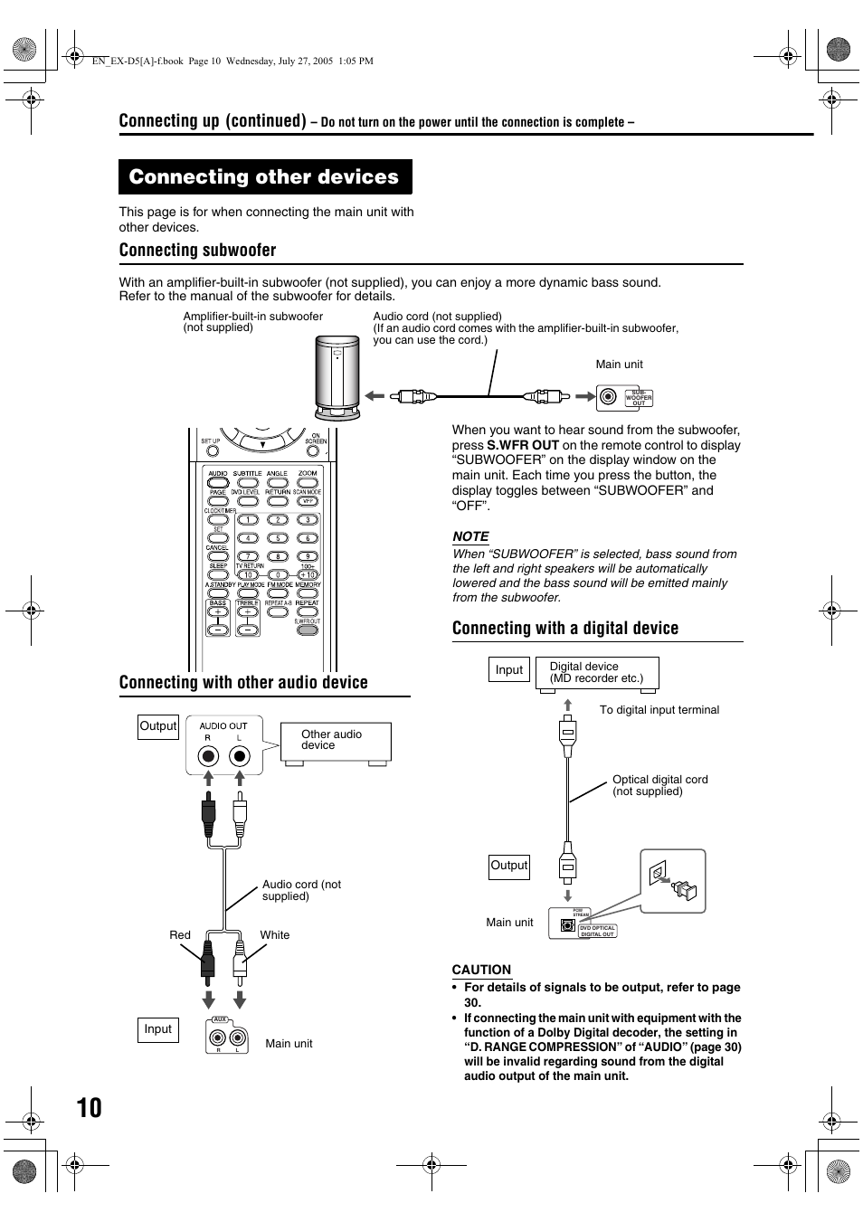 Connecting other devices, Connecting up connection, Connecting with a digital device | Continued) | JVC CA-EXD5 User Manual | Page 12 / 92